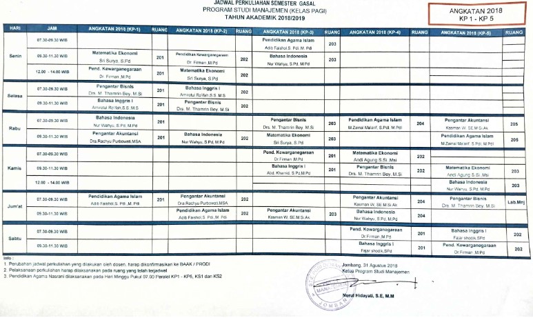 Jadwal Perkuliahan Semester Ganjil 2018-2019