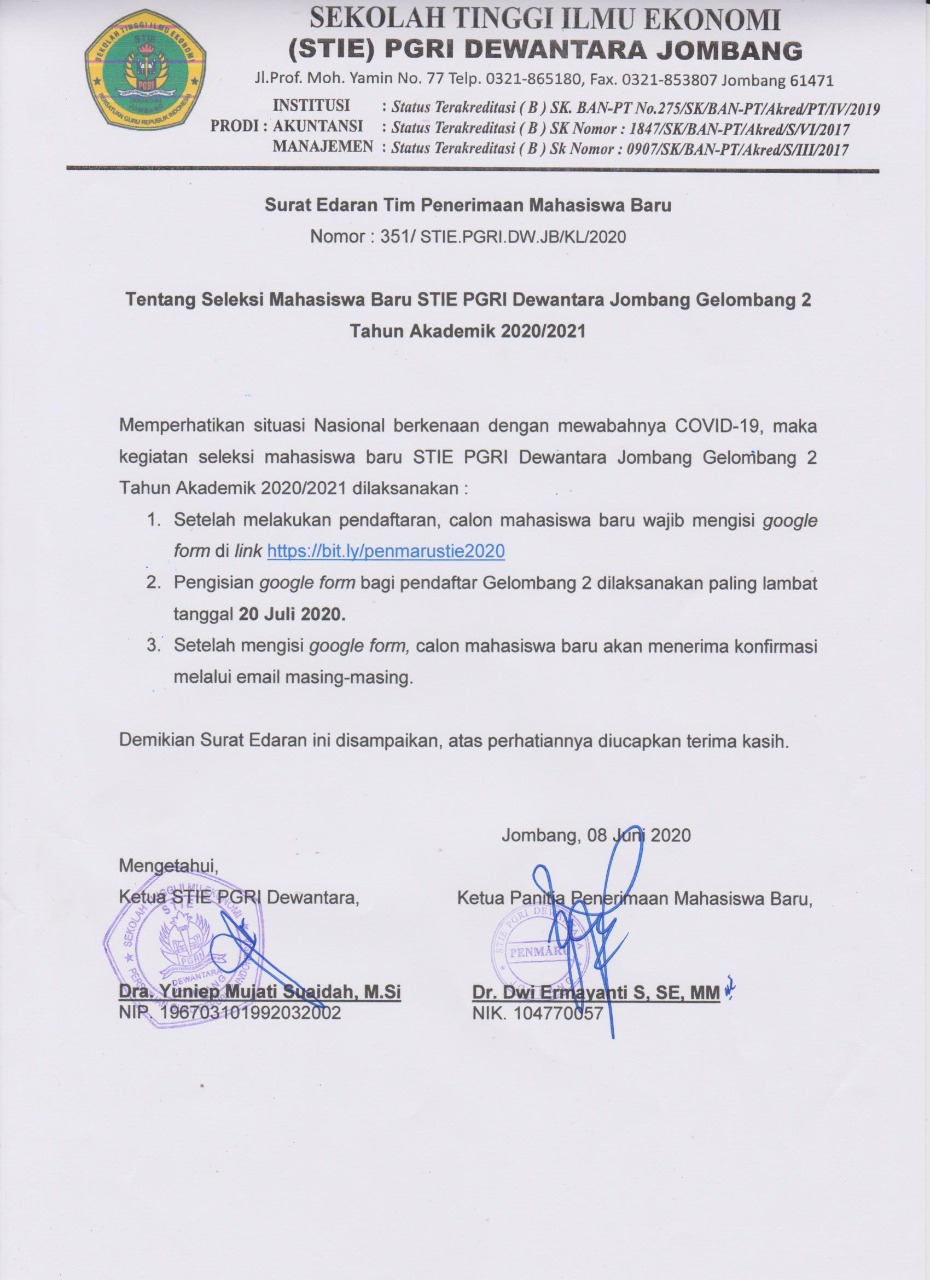 Surat Edaran Penerimaan Mahasiswa Baru Tentang Seleksi Mahasiswa Baru Stie Pgri Dewantara Jombang