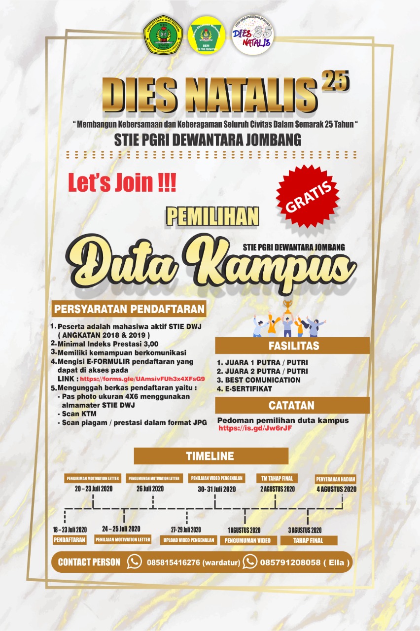 DIES NATALIS KE 25th STIE PGRI DEWANTARA JOMBANG “PEMILIHAN DUTA KAMPUS” DIES NATALIS KE 25th STIE PGRI DEWANTARA JOMBANG “PEMILIHAN DUTA KAMPUS”